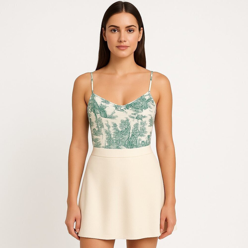 Cider Toile De Jouy Bodysuit Corset Seam Stretch Jersey Large Cream Green